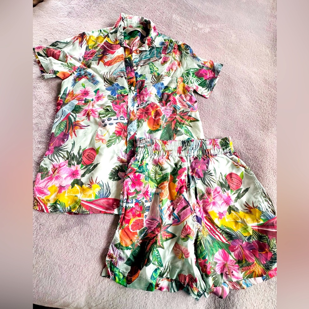 Golden Goose Womens Floral Pink Green Short Sleeves Button Down Shorts Set S